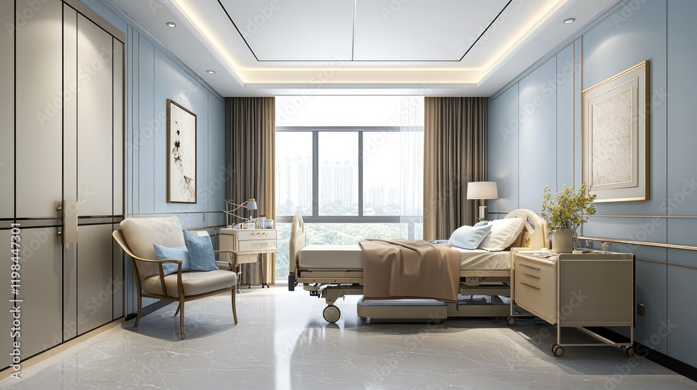 Fototapeta premium Luxurious hospital room with city view.