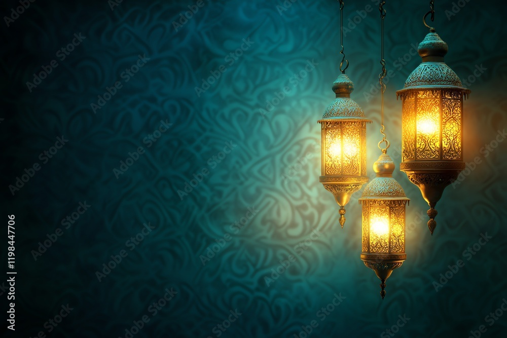 background featuring a glowing crescent moon and an ornate Islamic lantern on the left side, with intricate arabesque patterns in the foreground. background featuring a glowing crescent moon and an ornate Islamic lantern on the left side, with intricate arabesque patterns in the foreground.