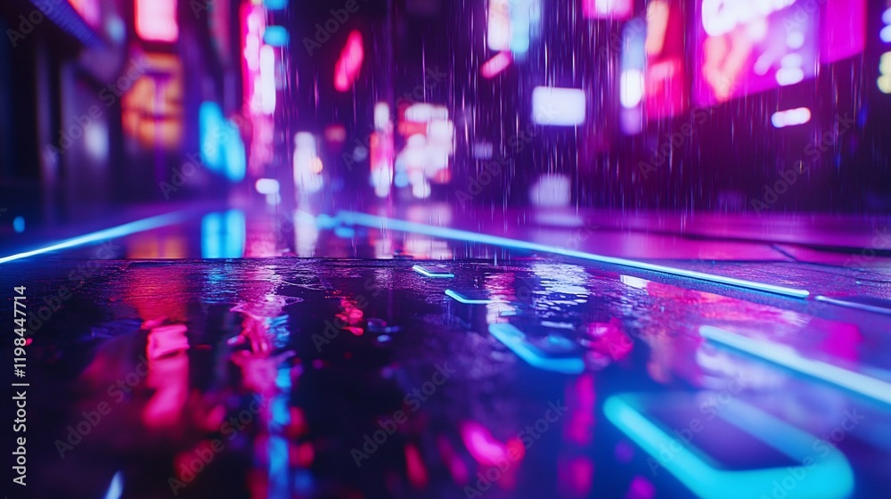 Fototapeta premium Rainy night city street with neon lights reflecting on wet pavement.