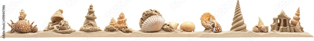 Seashells and sandcastles on a beach. Seashells and sandcastles on a beach.