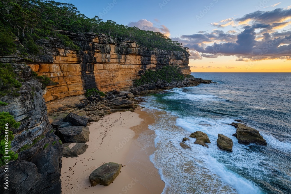 Obraz premium Serene Coastal Landscape at Sunset with Rocky Cliffs and Gentle Waves Reflecting Golden Light on a Tranquil Beach in Australia