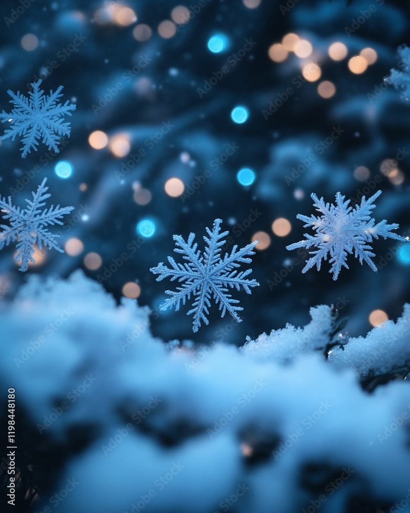 Sparkling snowflakes falling on snowy branches with bokeh lights. Sparkling snowflakes falling on snowy branches with bokeh lights.