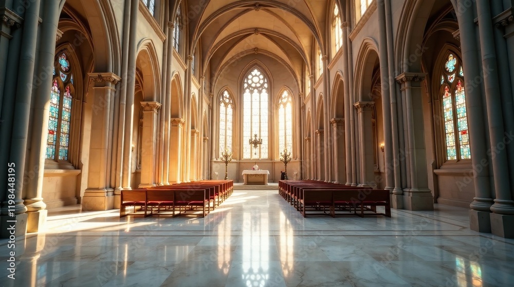 Fototapeta premium Sunlit sanctuary, rows of pews, stained glass windows, and marble floor in a grand hall with high arched ceilings and elegant columns.