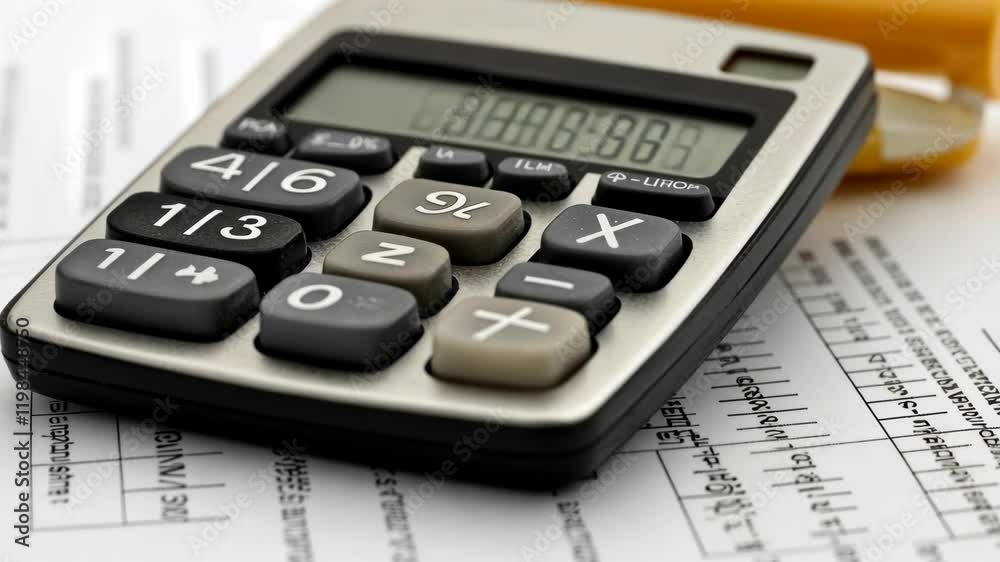 Calculator rests on financial documents showing calculations for personal budgeting and expenses Calculator rests on financial documents showing calculations for personal budgeting and expenses