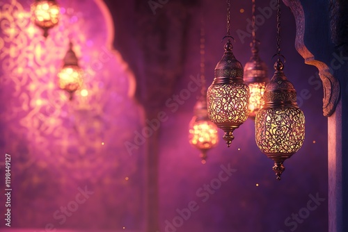 background featuring a glowing crescent moon and an ornate Islamic lantern on the left side, with intricate arabesque patterns in the foreground. The scene is rich in golden and teal tones, purple
