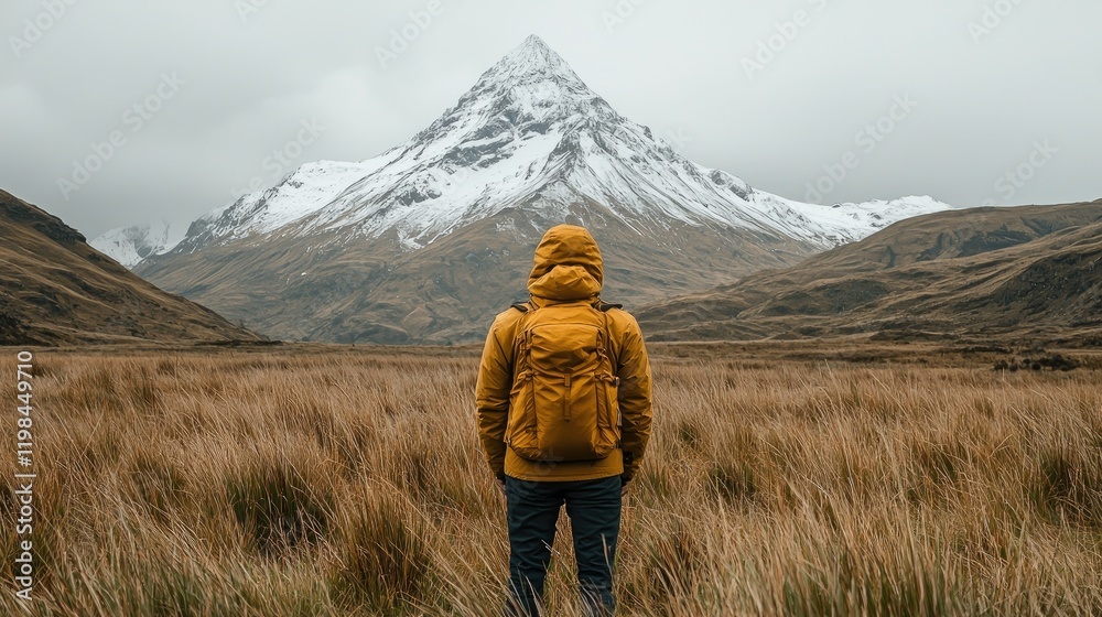 Fototapeta premium Person Gazing at a Majestic Snowcapped Mountain Peak
