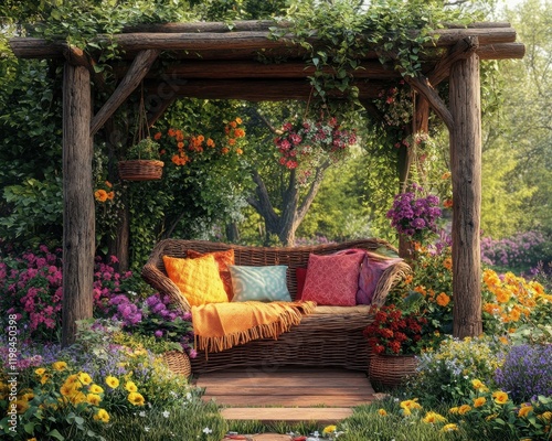 Discover tranquility in this cozy garden corner featuring rustic wicker furniture, vibrant floral decor, and lush hanging plants Create your own relaxing outdoor space with this inspiring garden photo