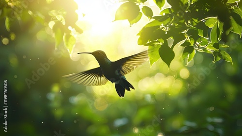 A hummingbird flying gracefully in a lush green forest with sunlight filtering through the leaves. photo