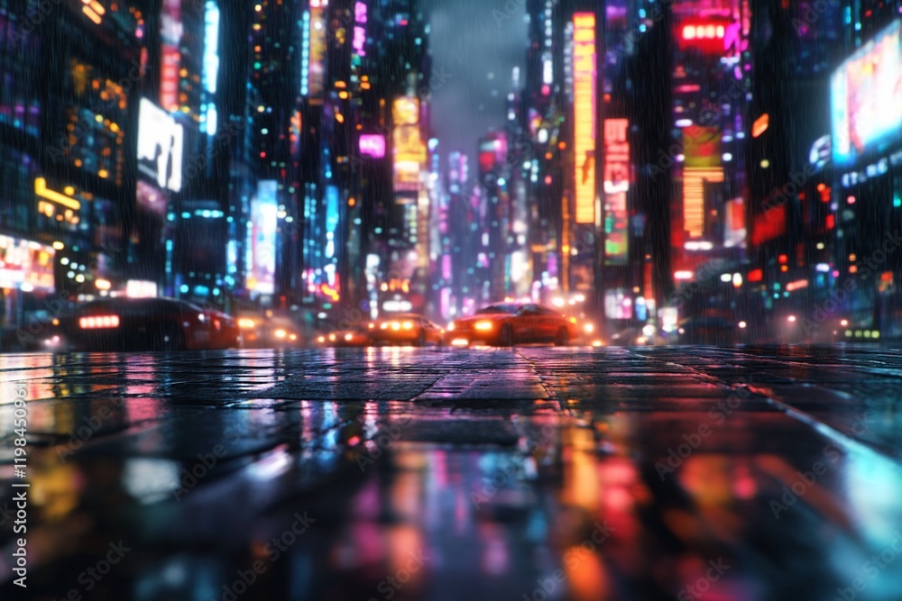 Obraz premium Wet city street at night with neon lights reflecting on the ground.