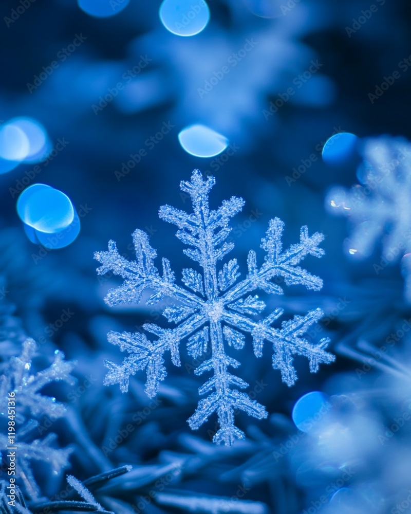 Close-up of a single, ornate snowflake ornament against a blurred blue bokeh background, suggesting a festive winter scene. Close-up of a single, ornate snowflake ornament against a blurred blue bokeh background, suggesting a festive winter scene.