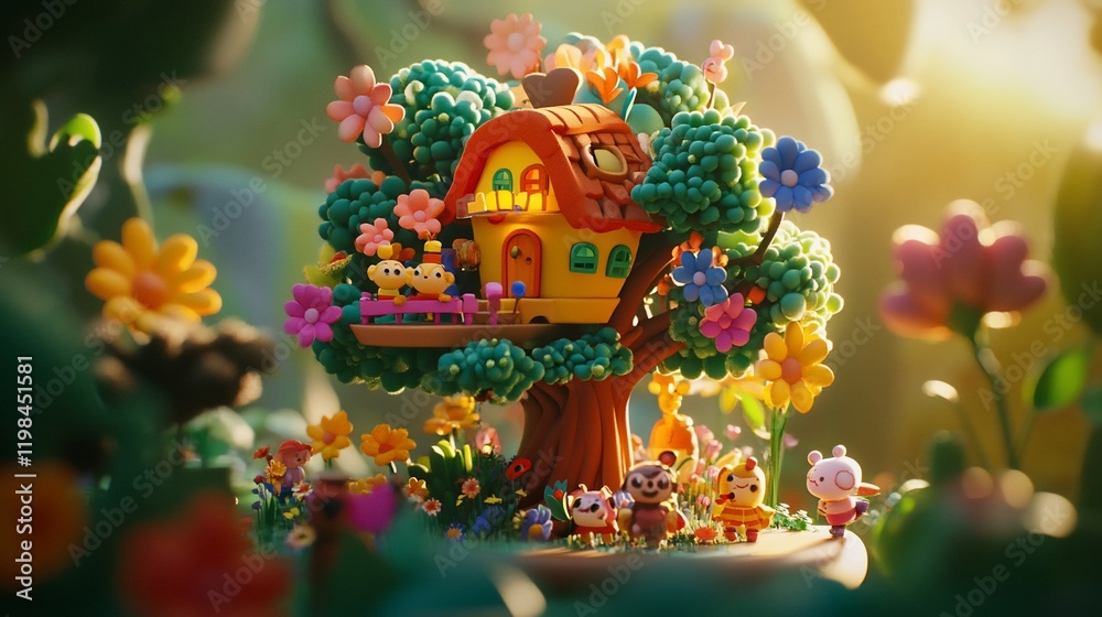 Whimsical treehouse in vibrant garden with cute characters. Whimsical treehouse in vibrant garden with cute characters.