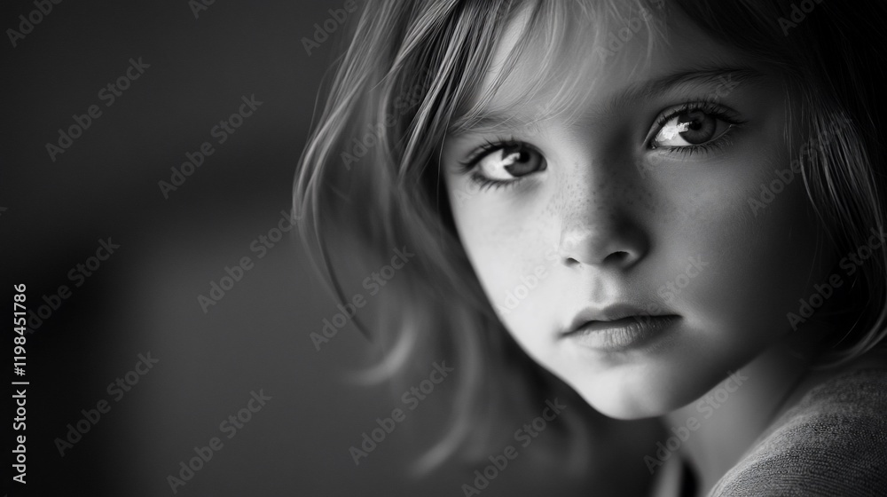 Black and white portrait of a young girl with freckles, looking directly at the camera. Black and white portrait of a young girl with freckles, looking directly at the camera.