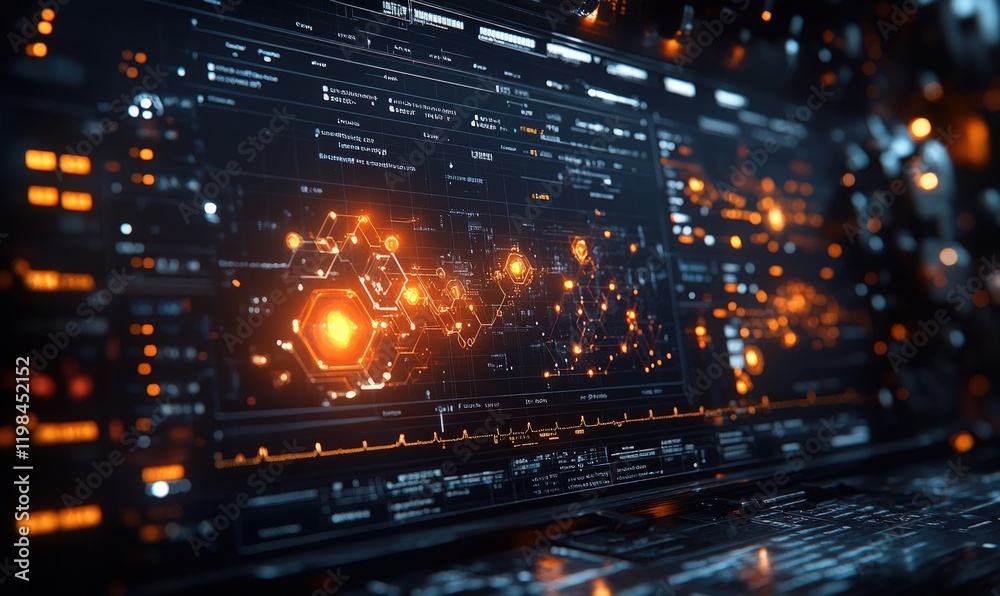 Fototapeta premium Futuristic digital interface; glowing orange data streams.