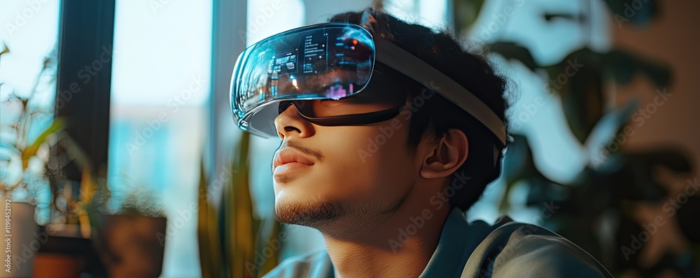 A young man wearing augmented reality glasses, immersed in a digital experience while surrounded by indoor plants and natural light. A young man wearing augmented reality glasses, immersed in a digital experience while surrounded by indoor plants and natural light.