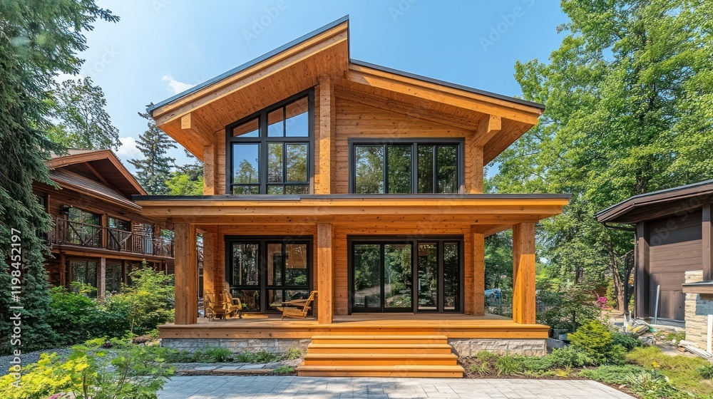 Modern wood cabin, lakefront, sunny day, luxury homes Modern wood cabin, lakefront, sunny day, luxury homes