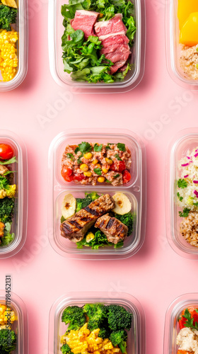 Colorful meal prep containers filled with nutritious ingredients like greens, grains, and proteins arranged on a pink background. photo