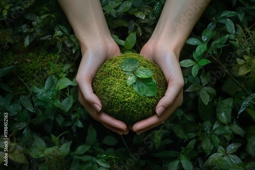 Two hands gently cradling a sphere of vibrant green moss and tiny plants, nestled within lush foliage.