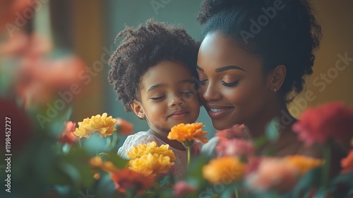 Mom, daughter, flowers, home, love, embrace, indoor, bokeh photo