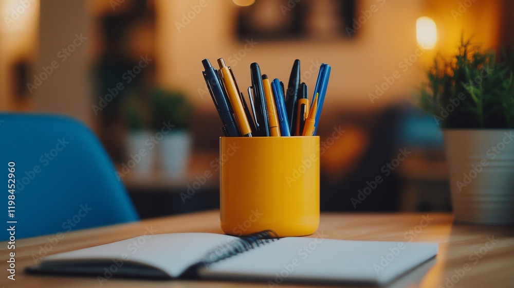 Pens in yellow holder on wooden desk with open notebook. Pens in yellow holder on wooden desk with open notebook.