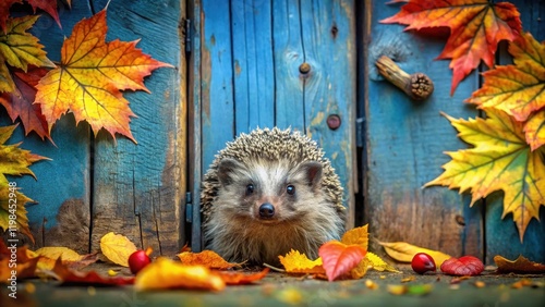 Autumnal Hedgehog Portrait A Tiny Prickly Creature Among Vibrant Fall Foliage Near Weathered Wooden Gate