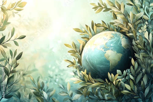 Earth Globe Nestled in Lush Green Foliage: A Serene Artistic Painting photo