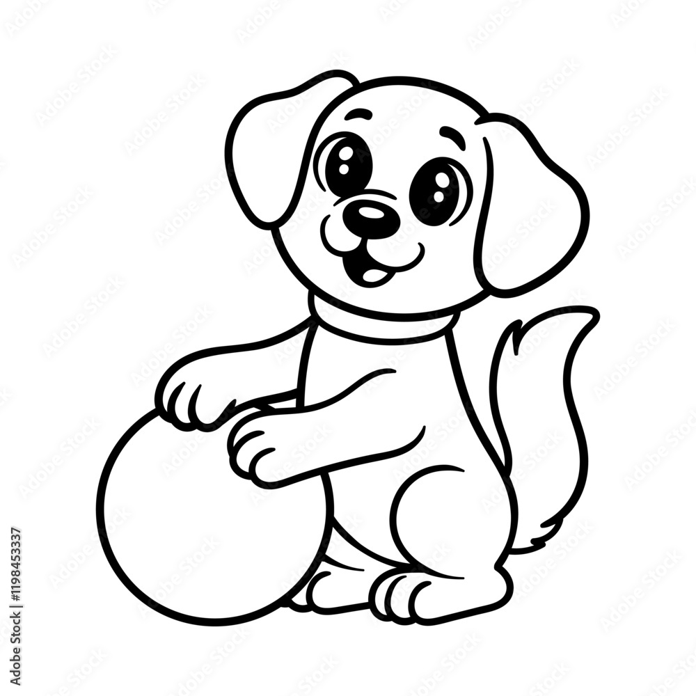 Fototapeta premium fun cute dog playing ball cartoon character isolated drawing line style sketch classic vintage design illustration