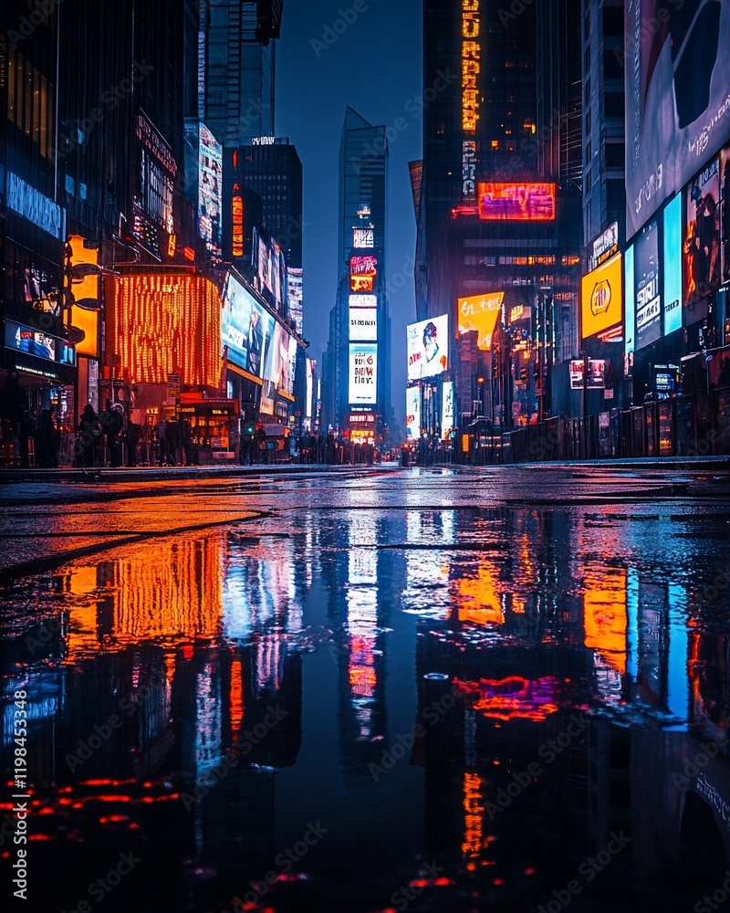 Obraz premium Vibrant city street at night, reflecting in a puddle.