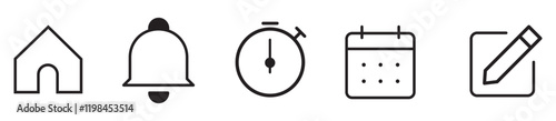 Date, time, notification icon. Clock, calendar,  home, bell icon. Web icon set. Vector illustration