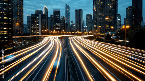Dynamic cityscape at dusk with light trails from vehicles on highway