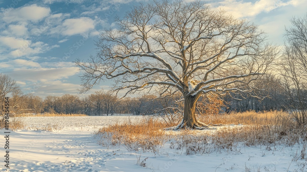 A lone tree with sprawling branches in the middle of a snow-covered landscape. A lone tree with sprawling branches in the middle of a snow-covered landscape.