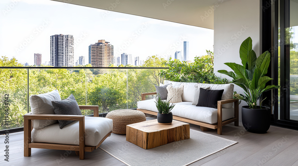 Fototapeta premium Stylish balcony with small garden and panoramic city view