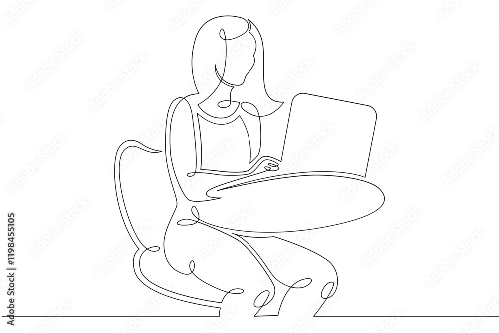 Young woman sits working at a laptop computer. The designer manager works on the Internet. One continuous drawing line, logo single hand drawn art doodle isolated minimal illustration.