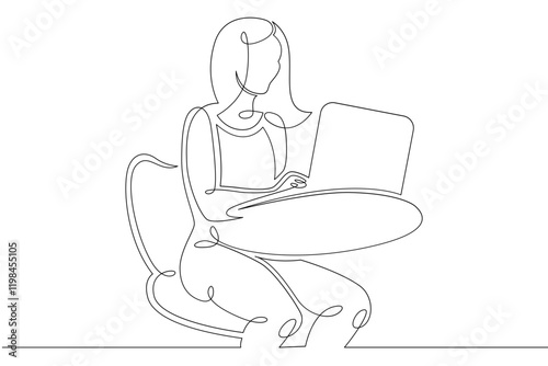 Young woman sits working at a laptop computer. The designer manager works on the Internet. One continuous drawing line, logo single hand drawn art doodle isolated minimal illustration.