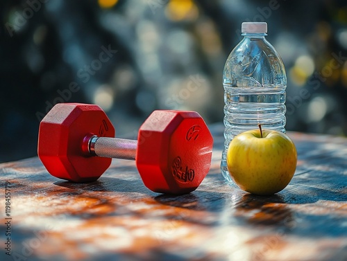 Red dumbbell, water bottle, and apple on wooden surface outdoors.