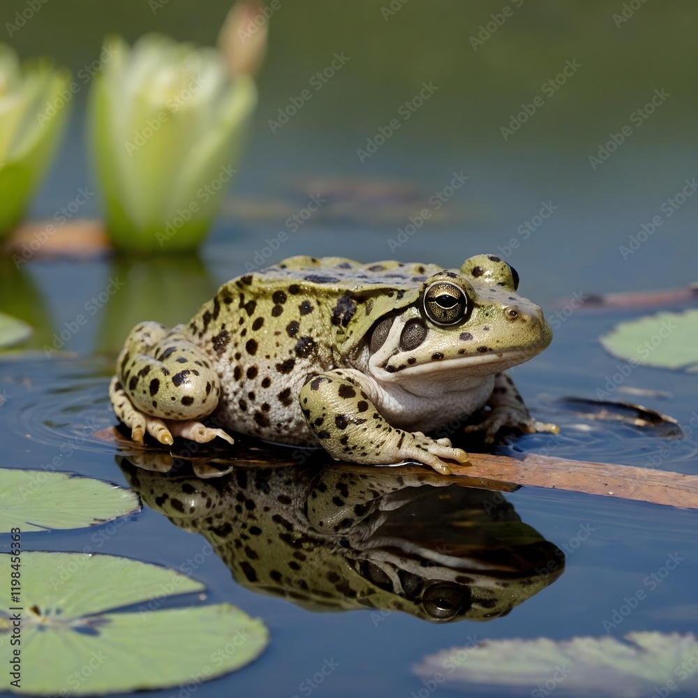 Obraz premium Nature’s Care: Midwife Toad Guarding Eggs in Calm Pond with Lily Pads