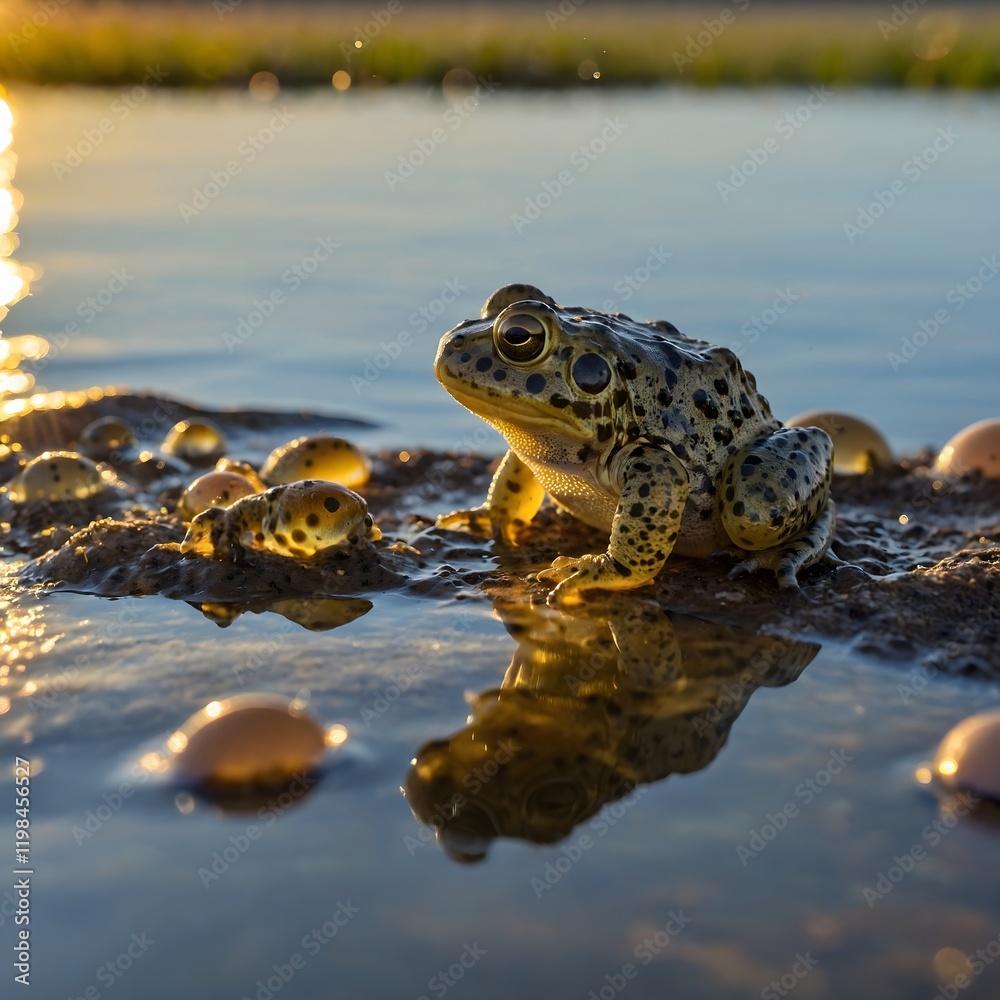 Obraz premium New Beginnings: Midwife Toad Watching Tadpoles Hatch at Sunset