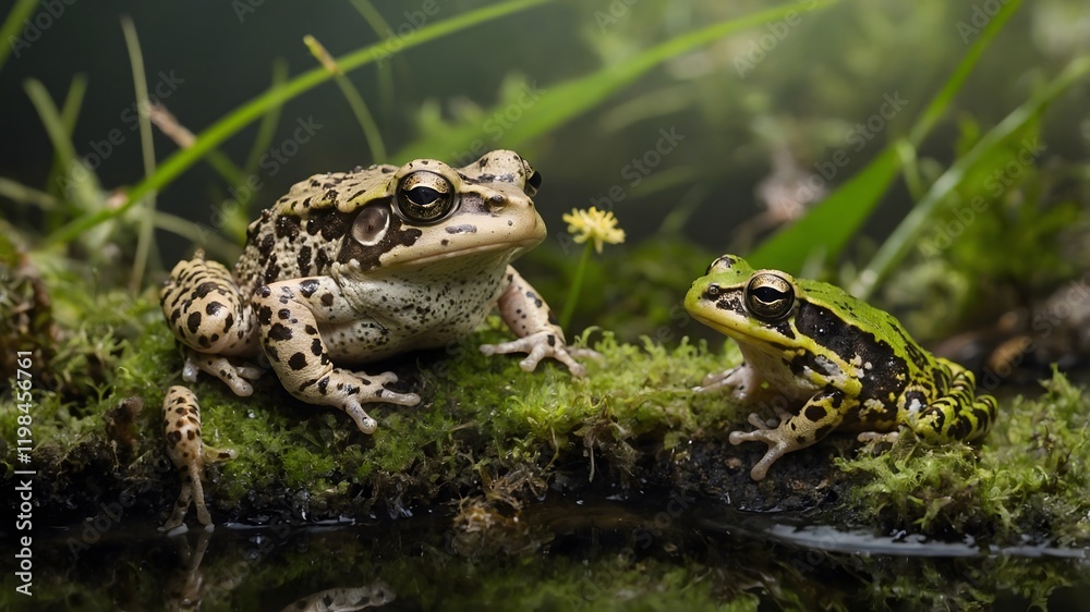 Obraz premium Living Among Diversity: Midwife Toad in a Vibrant Ecosystem