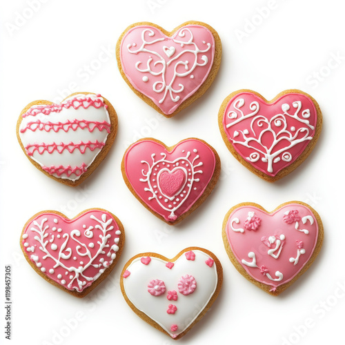 Beautifully Decorated Heart-Shaped Cookies with Pink Icing and Intricate Designs for Special Occasions and Celebrations