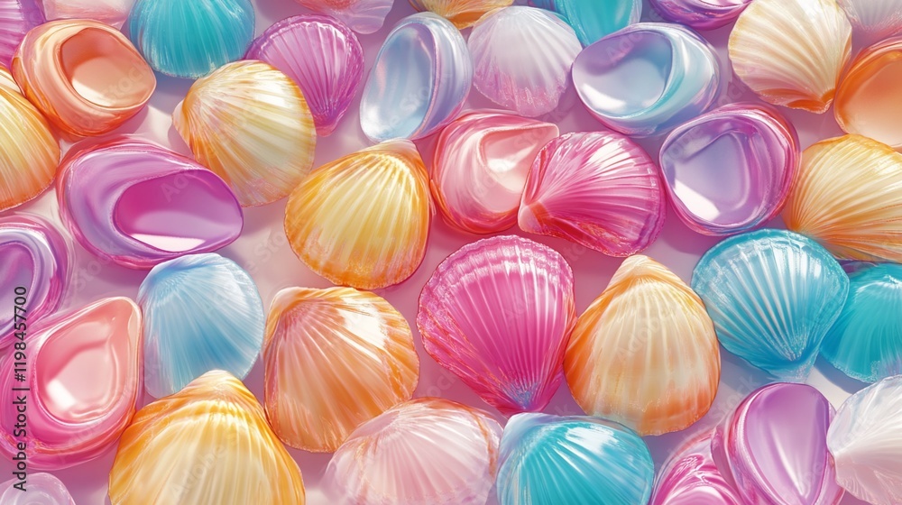 Pastel-colored seashells, close-up view. Pastel-colored seashells, close-up view.