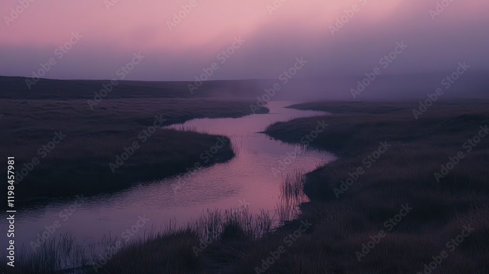 Fototapeta premium A calm stream meandering through a grassy plain, with the warm light of dawn illuminating the landscape