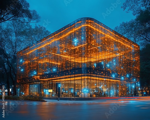 Illuminated modern building at night.