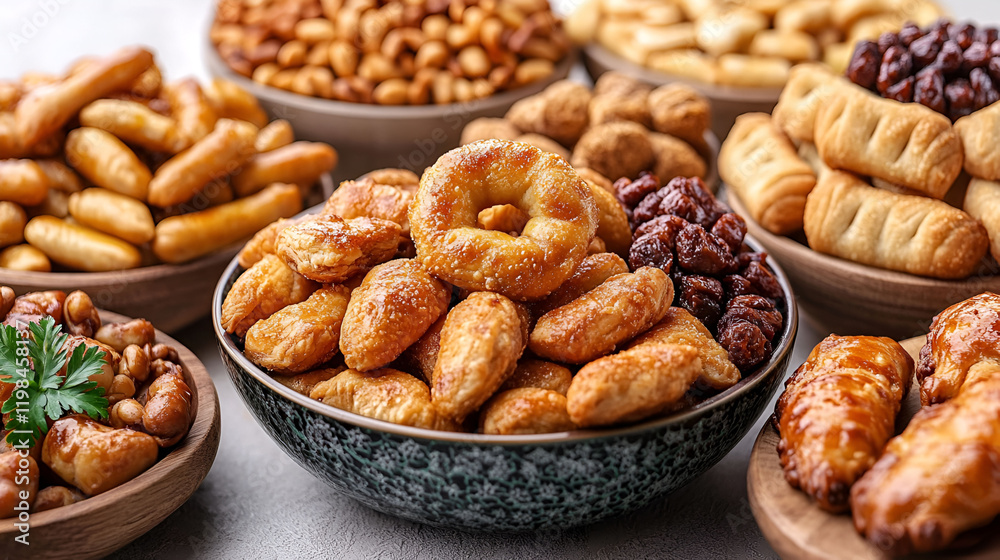 Assorted Baked Goods and Nuts in Bowls Assorted Baked Goods and Nuts in Bowls