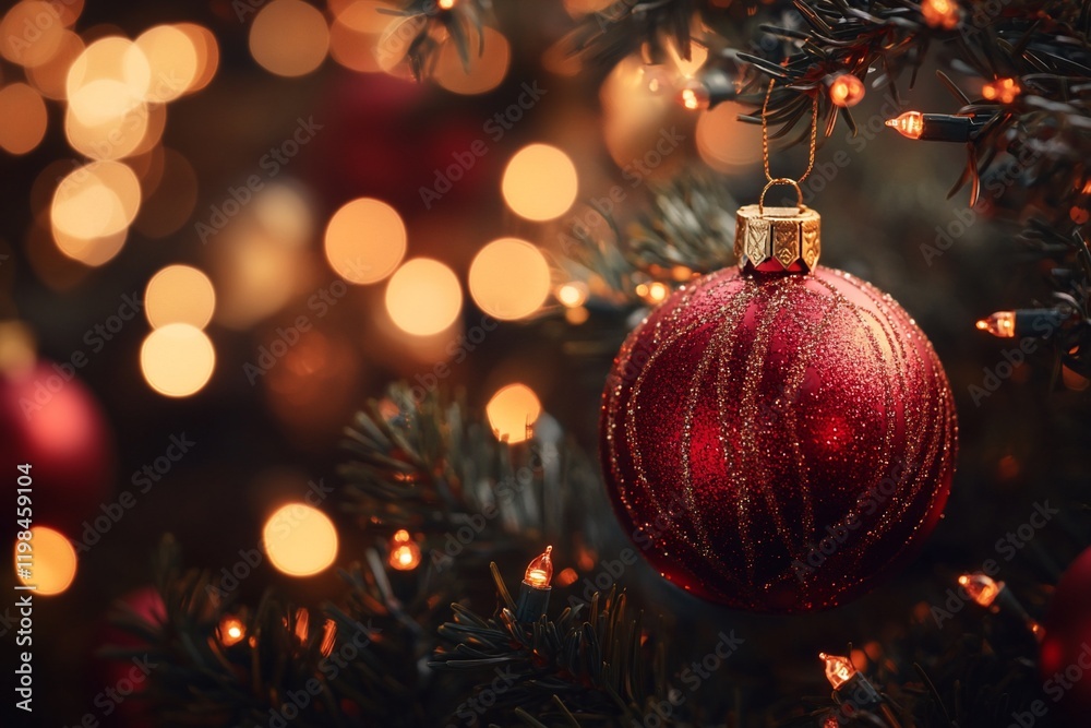 Red Christmas ornament hanging on a decorated tree with warm lights. Red Christmas ornament hanging on a decorated tree with warm lights.