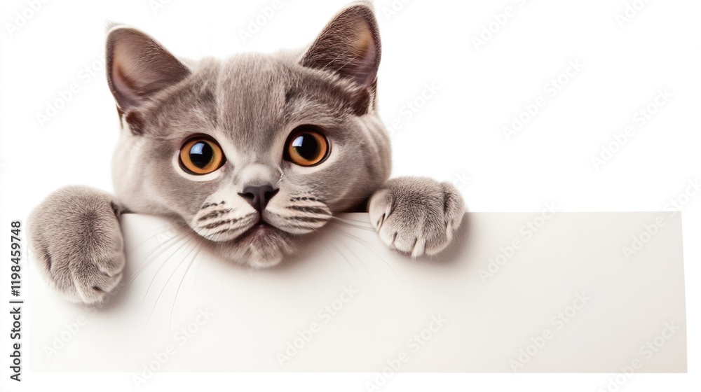 Curious Gray Cat: An adorable gray cat with captivating amber eyes peeks over a blank sign, inviting you to fill in the message. Perfect for announcements, advertisements. Curious Gray Cat: An adorable gray cat with captivating amber eyes peeks over a blank sign, inviting you to fill in the message. Perfect for announcements, advertisements.