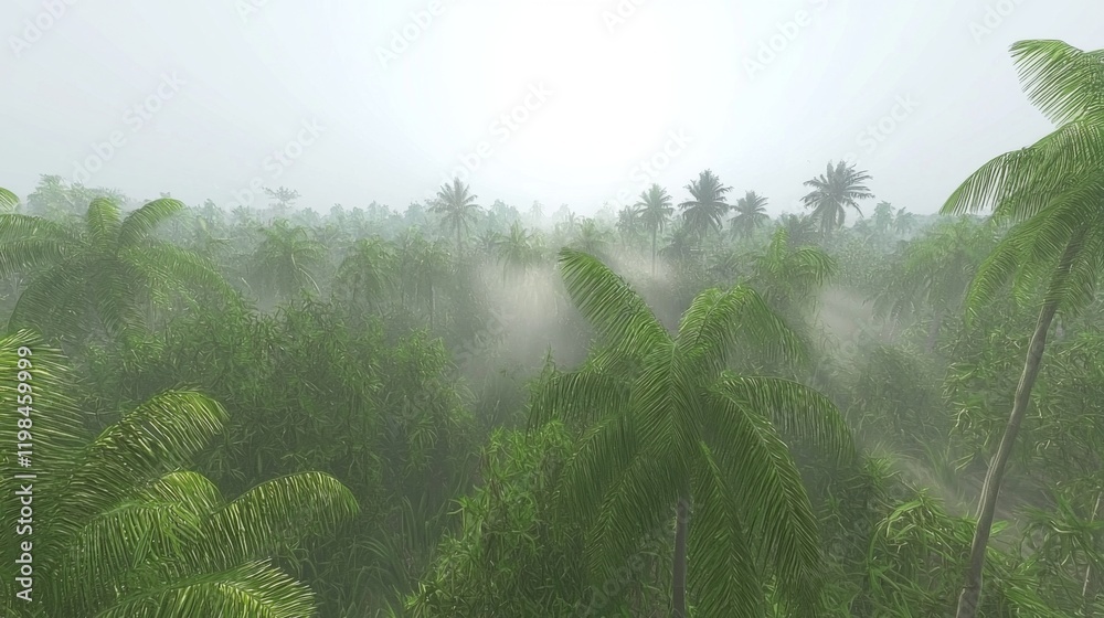 Naklejka premium Lush Tropical Rainforest Aerial View Misty Palm Trees and Dense Foliage