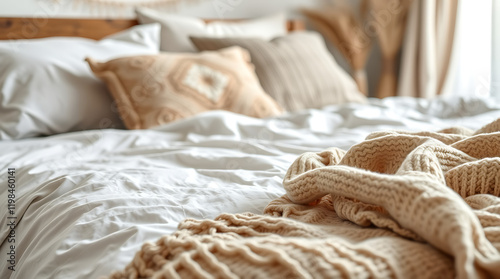 Cozy Bedroom Interior: Soft Knit Blanket, Plush Pillows, and Serene Atmosphere photo