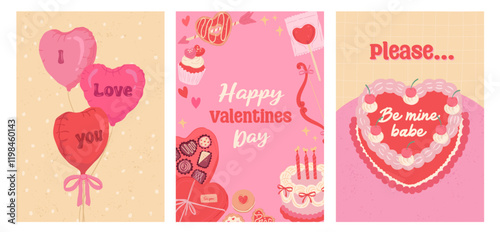 Collection of Love season and Valentines day sweet desserts heart balloons and heart cake poster vector illustration