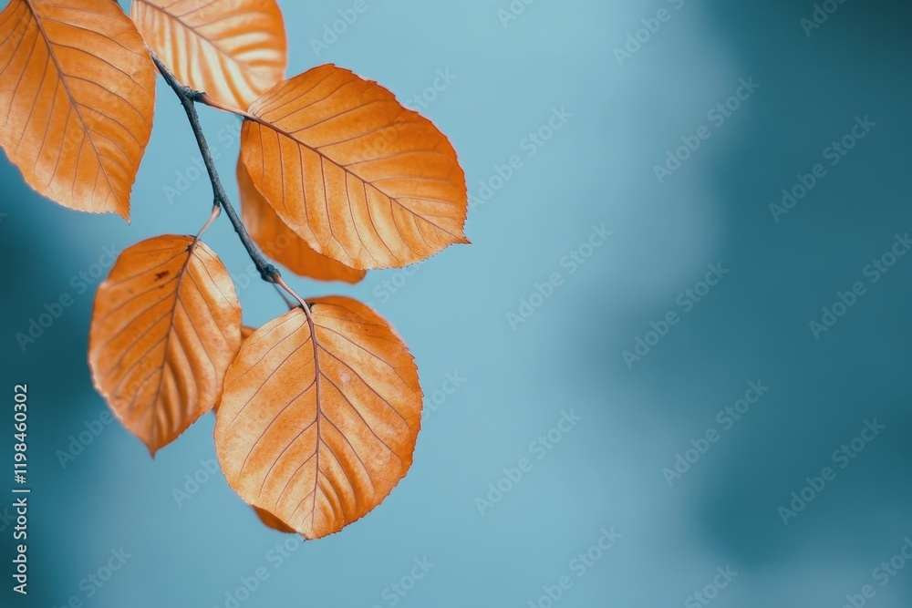 Fototapeta premium Orange autumn leaves branch against teal background.