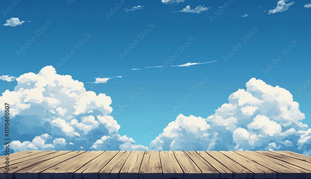 Fototapeta premium Wooden table against a blue sky with fluffy clouds. (1)