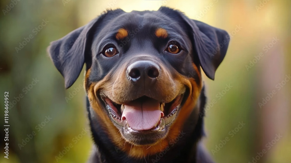 Happy Rottweiler Portrait: A close-up portrait of an adorable Rottweiler dog, showcasing its friendly and expressive face with a happy, panting expression.